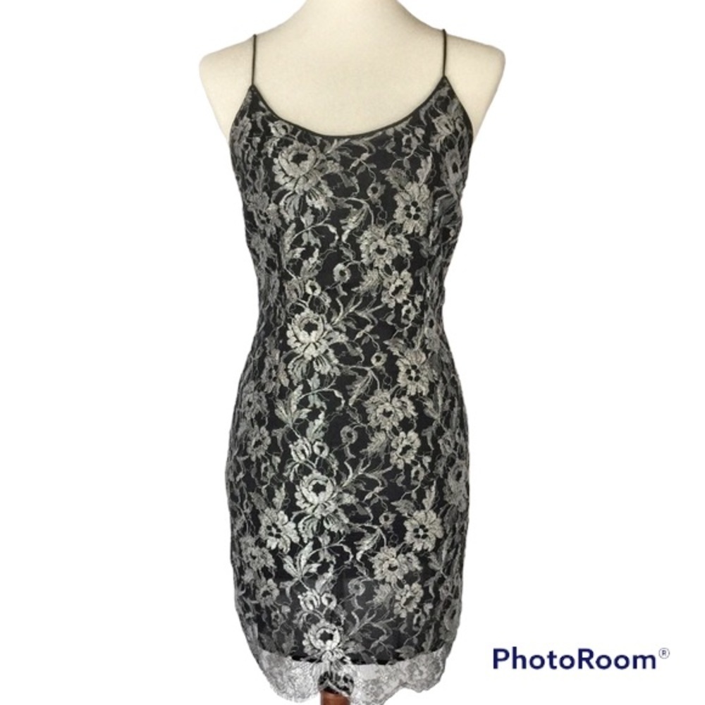 Pamela Dennis NYC | Vintage Lace Silk Dress Silver And Black Size 8